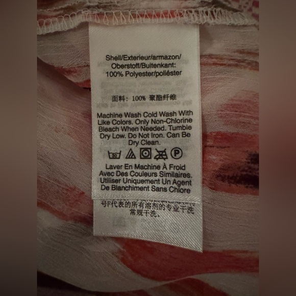 DKNY Women’s Sheer Abstract Chiffon Red and White Patterned Shirt Size L - Picture 7 of 9